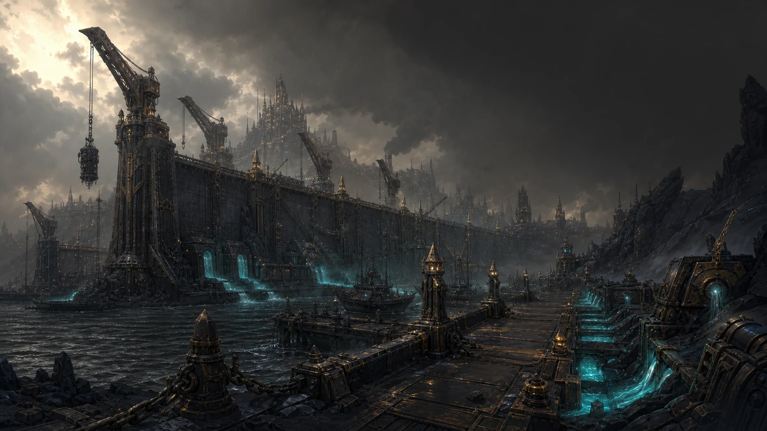 A dark industrial harbor cut by luminous water