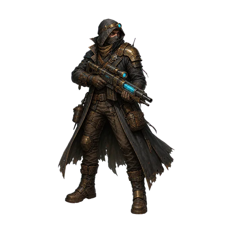 Hooded Ranger carrying a long rifle